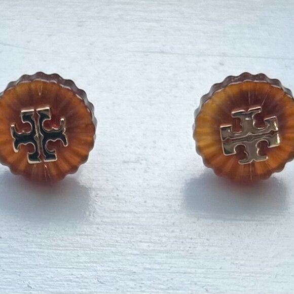 Tory Burch Brown and Gold Logo Stud Earrings NWOT - Picture 1 of 3